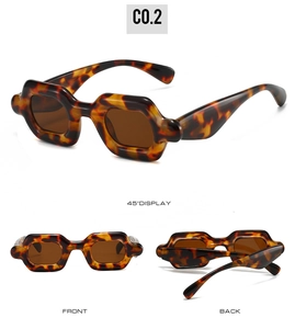 Three-angle view of Y2K tortoise shell hexagonal sunglasses with dark brown lenses