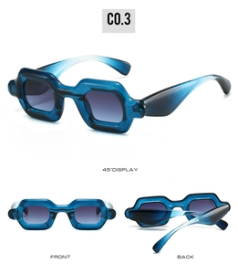 Three-view display of chunky deep blue Y2K bubble sunglasses with gray gradient lenses