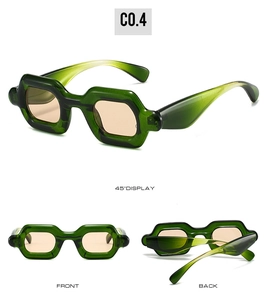 Three-view display of Y2K green chunky square frame sunglasses with tea-tinted lenses