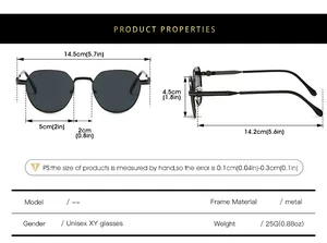 Tableau des tailles détaillé pour lunettes de soleil rétro en métal montrant les dimensions