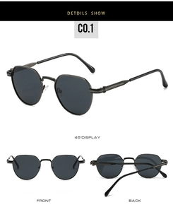 Détails sous trois angles de lunettes de soleil rétro en métal gris avec verres foncés