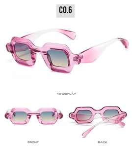 Three-way view of pink Y2K sunglasses with C0.6 model and blue-yellow gradient lenses