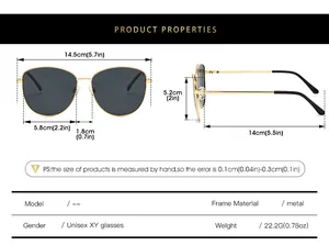 Guide des tailles indiquant 14,5 cm de largeur et dimensions pour lunettes aviateur