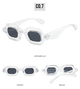 Three-way view of Y2K bubble sunglasses with clear frames and grey lenses from multiple angles