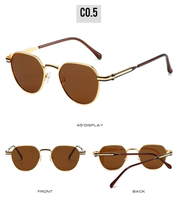Vue détaillée en trois positions de lunettes de soleil en métal doré, face et profil