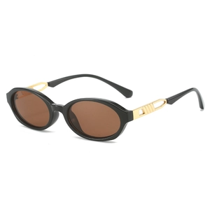 Retro oval sunglasses with black frames, brown lenses and golden hollow metal temples