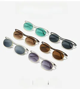Detail showing various colored lenses and metal frames of round steampunk sunglasses
