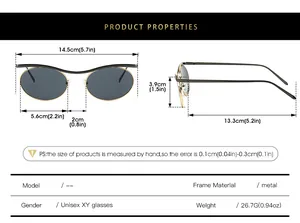 Detailed size chart showing dimensions and specifications for steampunk metal sunglasses