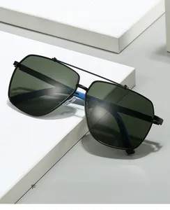 Detail of multi-sided frame sunglasses with blue-tipped temples on a display stand