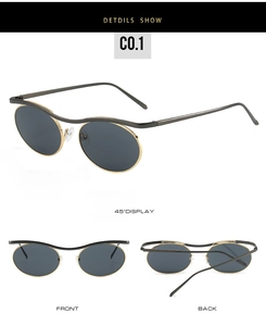 Three-angle views showing gold and black metal steampunk round sunglasses details