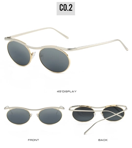 Three-view display of Gothic steampunk round sunglasses with silver wave bridge and gold frame