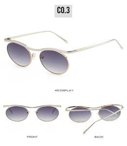 Three perspectives of Gothic Steampunk oval sunglasses with silver frames and purple lenses