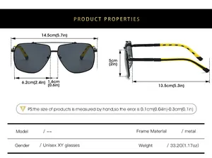 Detailed size chart for men's square sunglasses with frame and lens measurements