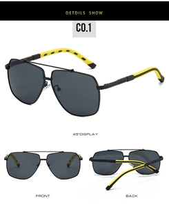 Three-angle view of pilot sunglasses featuring matte black frames and yellow anti-slip tips