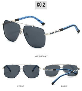 Three-view display of aviator sunglasses with silver frame and blue-black rubber tips