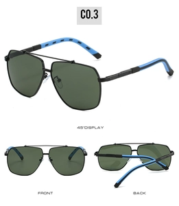 Multiple views of men's square two-tone sunglasses with black frame and green lenses