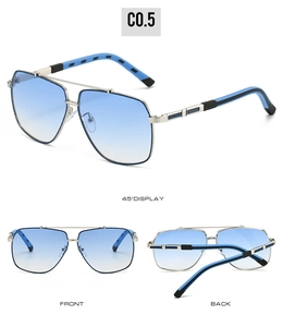 Three perspectives of silver aviator sunglasses with blue gradient lenses and hollowed temples