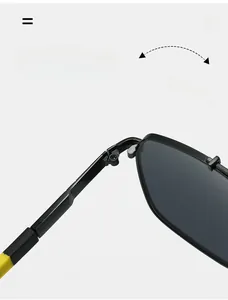 Close-up of durable texture hinge on black square frames with yellow temple tips