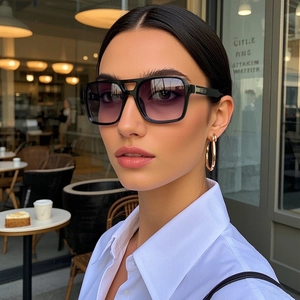 Lunettes de soleil punk carrées noires avec verres dégradés violets portées par un mannequin