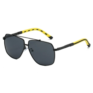Men's square two-tone sunglasses with black metal frame and yellow non-slip temples