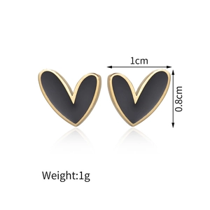 Minimalist heart-shaped stud earrings in black and gold finish with dimensions shown
