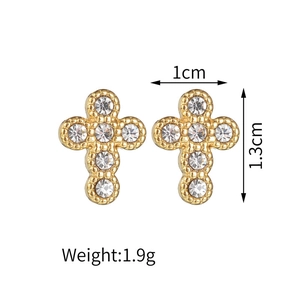 Minimalist gold cross stud earrings featuring white crystals, size 1cm by 1.3cm
