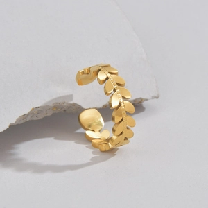 Minimalist gold wheat leaf open ring made of premium stainless steel for women