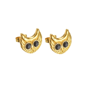 Minimalist 18K gold plated owl stud earrings featuring black crystal eyes on white background