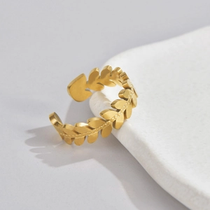 Minimalist gold olive leaf open ring in stainless steel with detailed branch texture