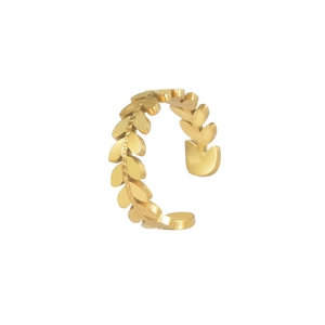 Detailed view of adjustable gold leaf ring featuring a laurel wreath design in stainless steel