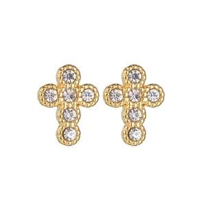 Detail of gold cross stud earrings with six sparkling white diamonds in a beaded setting