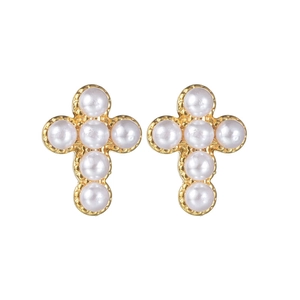 Minimalist gold stainless steel cross earrings with white pearls on a white background