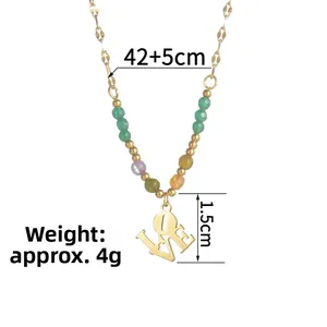 Detail of colorful beaded necklace with golden LOVE pendant and 42+5cm length specs