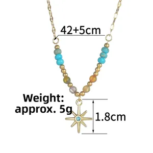 Detailed view of pentagram star pendant necklace with colorful beads and 42+5cm chain size