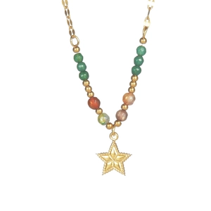 Bohemian gold star pendant necklace with colorful mineral beads and geometric chain links