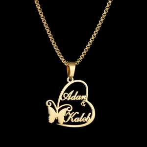 Golden stainless steel personalized heart necklace featuring custom names and butterfly detail