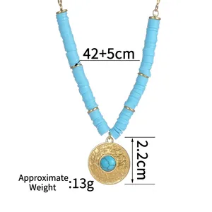 Collana bohémien in acciaio inossidabile placcato oro 14K con perline blu e ciondolo turchese