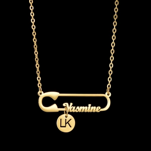 Collier épingle à nourrice doré personnalisé avec gravure Yasmine et pendentif LK