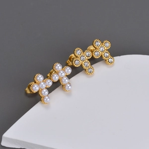 Cross Stud Earrings Stainless Steel With Imitation Artificial Pearl And Crystal Minimalist Elegant French Style For Women