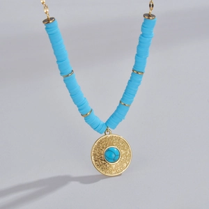Collana Con Pendente Bohemien Acciaio Inossidabile Placcato Oro 14K Blu Cielo Perle Heishi Argilla Polimerica Vintage