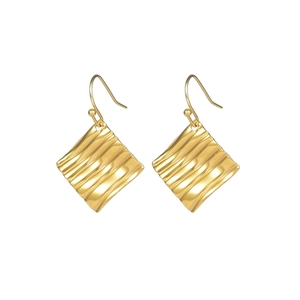 Golden square drop earrings with 18K gold plated wavy texture and minimalist hooks