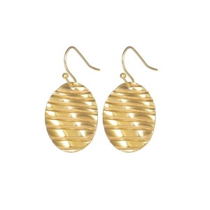 Detailed view of the golden oval earrings featuring a unique horizontal wavy texture