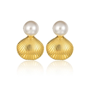 Elegant gold stainless steel shell stud earrings with white pearl detail on white background