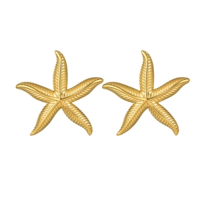 Minimalist golden starfish stud earrings with detailed radial texture on white background