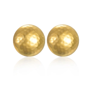 Minimalist hammered texture gold ball stud earrings in stainless steel on white background