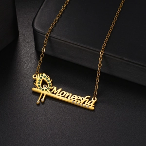 Custom gold name necklace Moneesha with green zircon feather charm for women