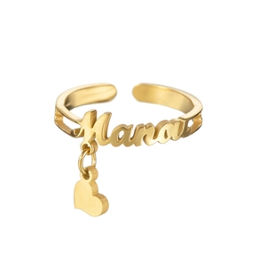 Adjustable 18K gold stainless steel Mama ring with a delicate heart charm detail