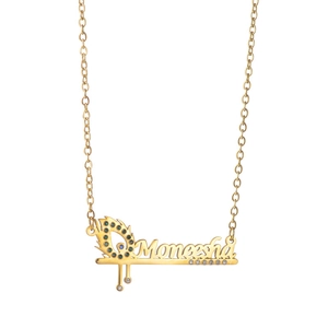 Custom gold Moneesha name necklace with peacock feather and colorful gemstones