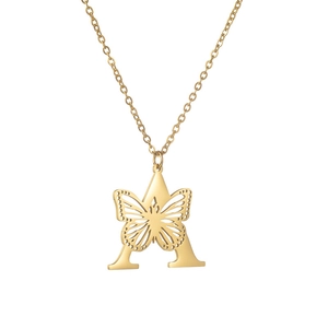 Collier vintage français en or 18K avec lettre A et papillon en acier inoxydable