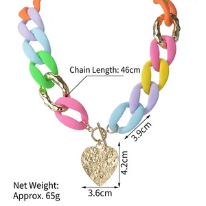 Colorful acrylic chain necklace with gold heart pendant and OT toggle clasp, 46cm long